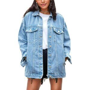 Women's Oversized Denim Jacket Cotton Casual Long Sleeve Classic Fit